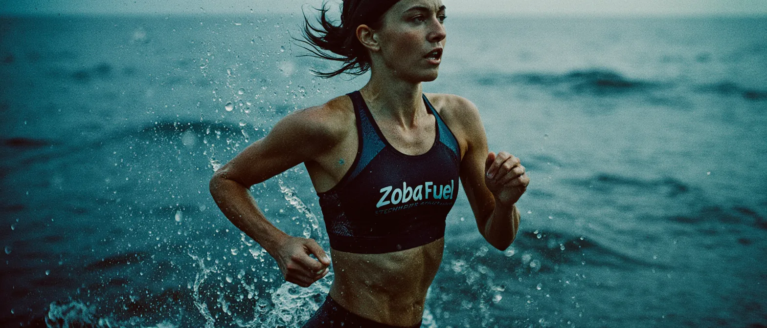Zoba Fuel triathlete brand story - woman running out of ocean